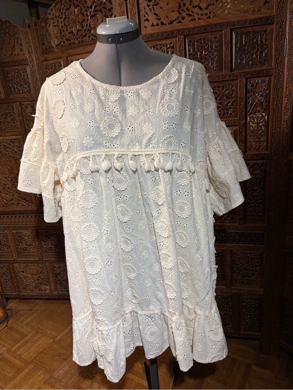 POL Cream Eyelet Babydoll Mini Dress with Tassel Detail